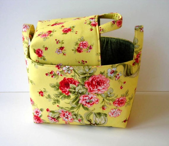 Fabric Organizer Bin Set of 2 Yellow Floral Fabric by PWOriginals