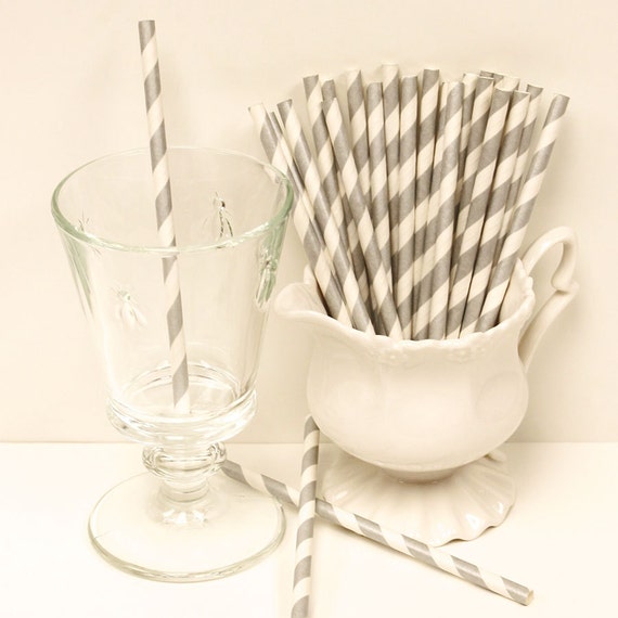 Paper Straws, 25 Silver Striped Paper Straws, SHORT Cocktail STRAWS,Wedding, Black Tie, Graduation, Anniversaries, Formal, Cocktail Party Il_570xn