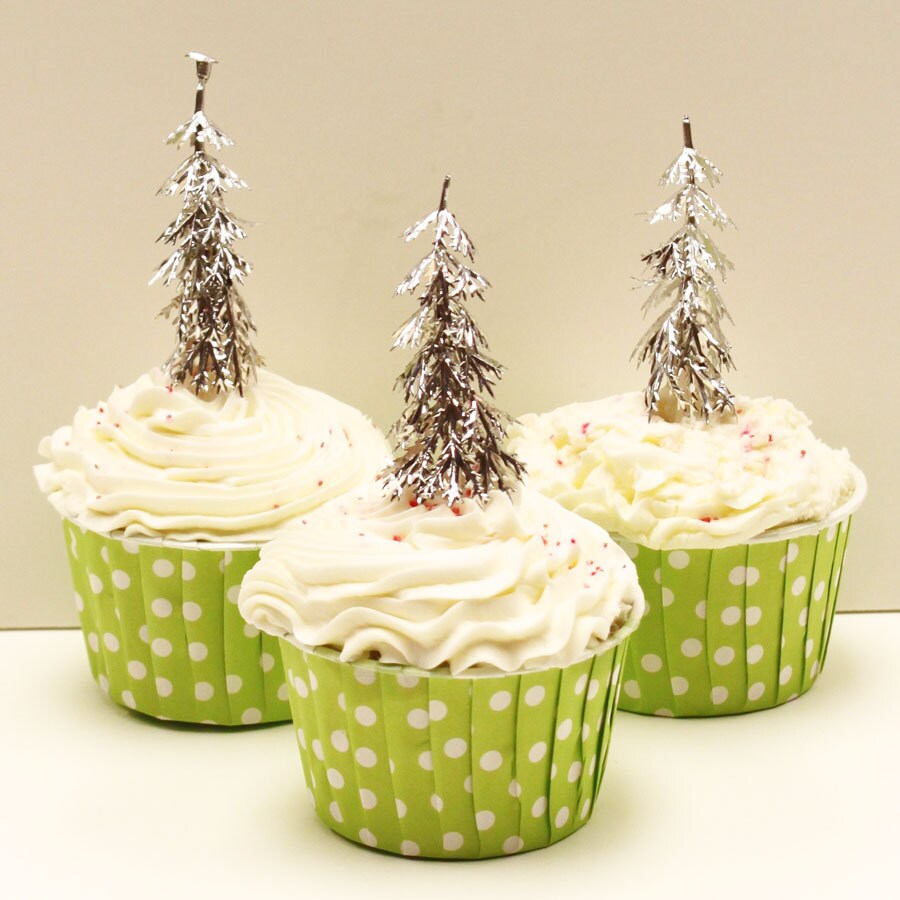 Tree Cupcake Toppers 10 Silver Tree Cupcake Picks Winter