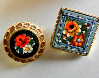 1950 Italian Vintage-Two fabulous and antique micro mosaic broochs - Italian Florentine Art-Brand Italy-Art.705/2 -