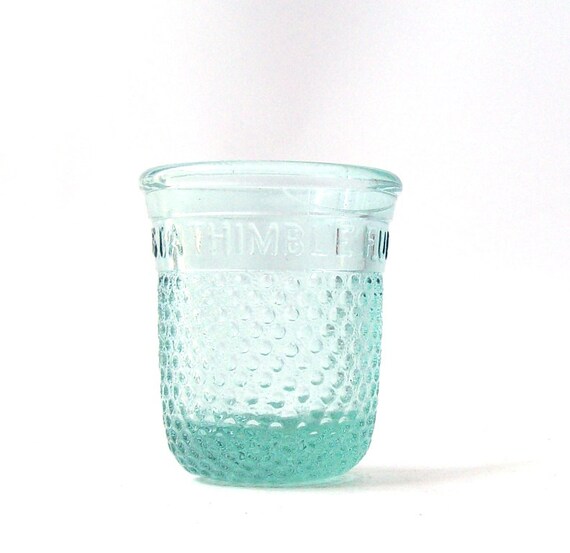vintage just a thimble full shot glass moser clear blue green