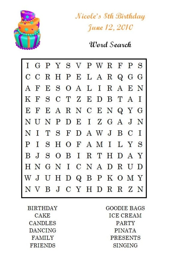 Personalized Birthday Party Game Kids Word Search by