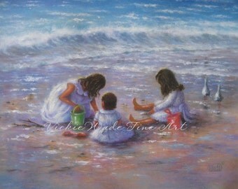Three Beach Girls Art Print, beach children paintings, three beach sisters, three brunette girls,beach wall decor, shelling, Vickie Wade art