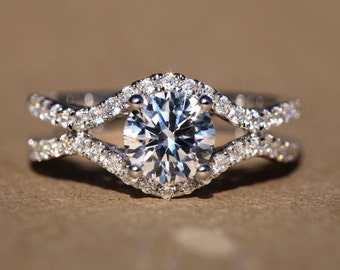 Split Open Double Shank -1.20 carat Round - Diamond Engagement Ring 14K white gold - Weddings- Luxury- Brides - Bp028