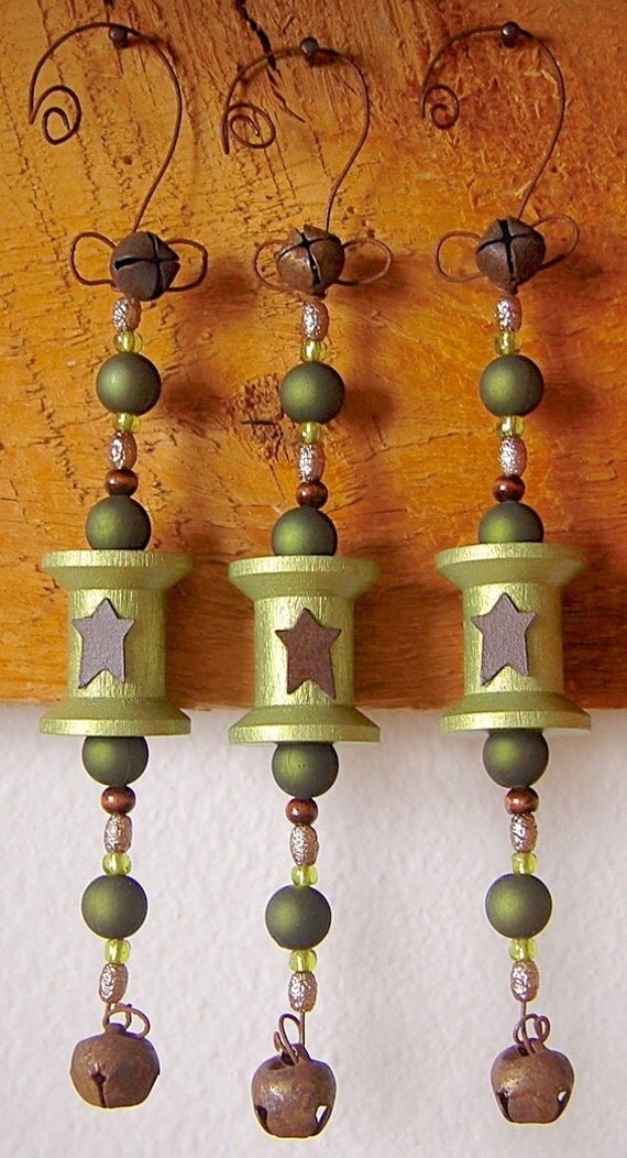 Rustic Chic Country Christmas Vintage Spool Ornaments Designed in Metallic Greens (Set of 3)