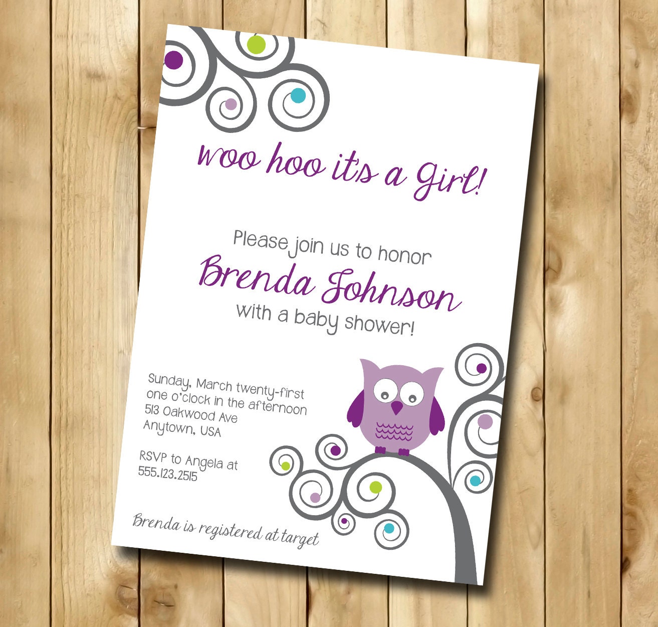 Purple Owl Baby Shower Invitations 5