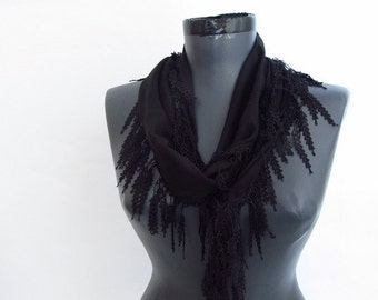 Black scarves - Fringed Guipure Scarf -Fabric Knitted Lace Scarf - Shawl Scarf - Cowl Scarf - Long Scarf -Valentines day gift