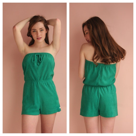 Vintage Romper / Swimsuit Coverup / Teal Terry Cloth Romper