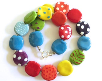 Kazuri Bead Necklace, Rainbow Colored Necklace, Fair Trade Beads, Ceramic Jewelry