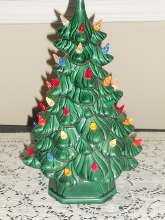 Vintage Small Green Ceramic Christmas Tree w/ Multi-Colored