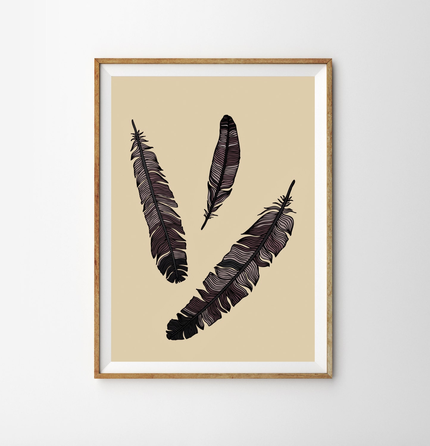 Feather Print, Tribal Wall Art , Beige , Brown feathers, Native Artter ...