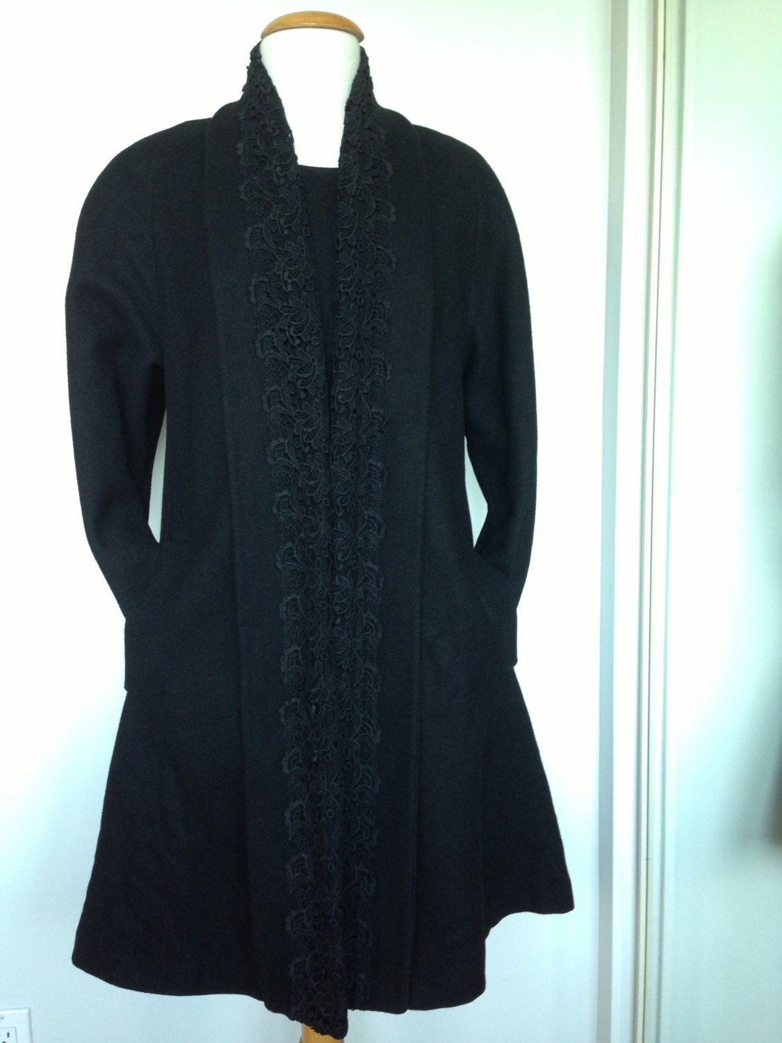 Paris LUBA Designer Fall Winter Coat Jacket In Black With Lace