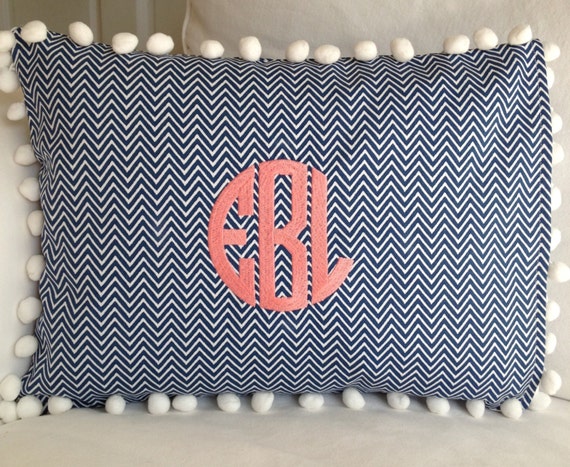 pom gingham pom trim Pom Pillow peppermintbee x 16 Etsy Monogrammed Pom 12 on by