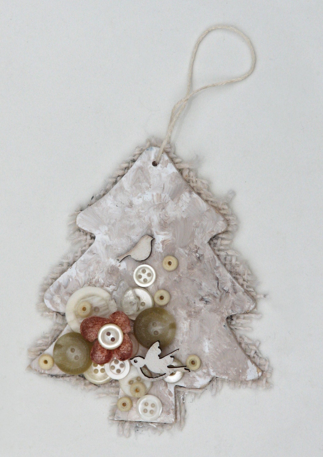 Shabby Chic Birds and Buttons Christmas Tree Ornament