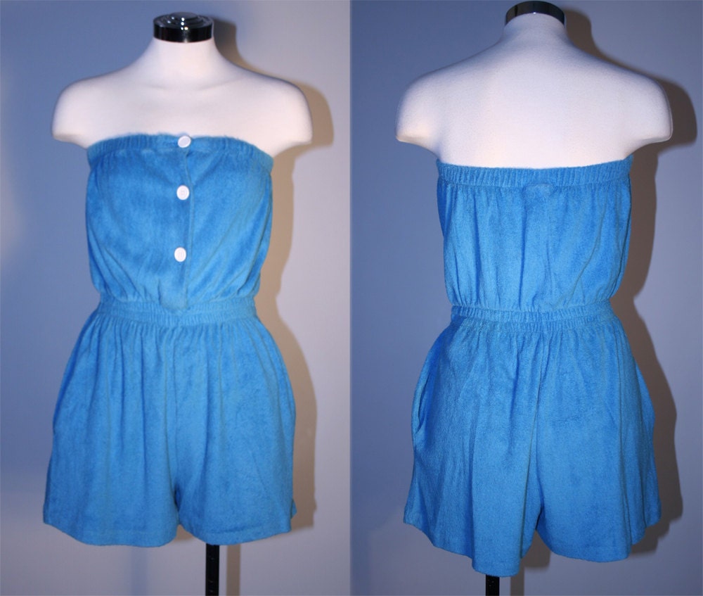 Vintage Turquoise Blue Strapless Terry Romper Playsuit Onesie