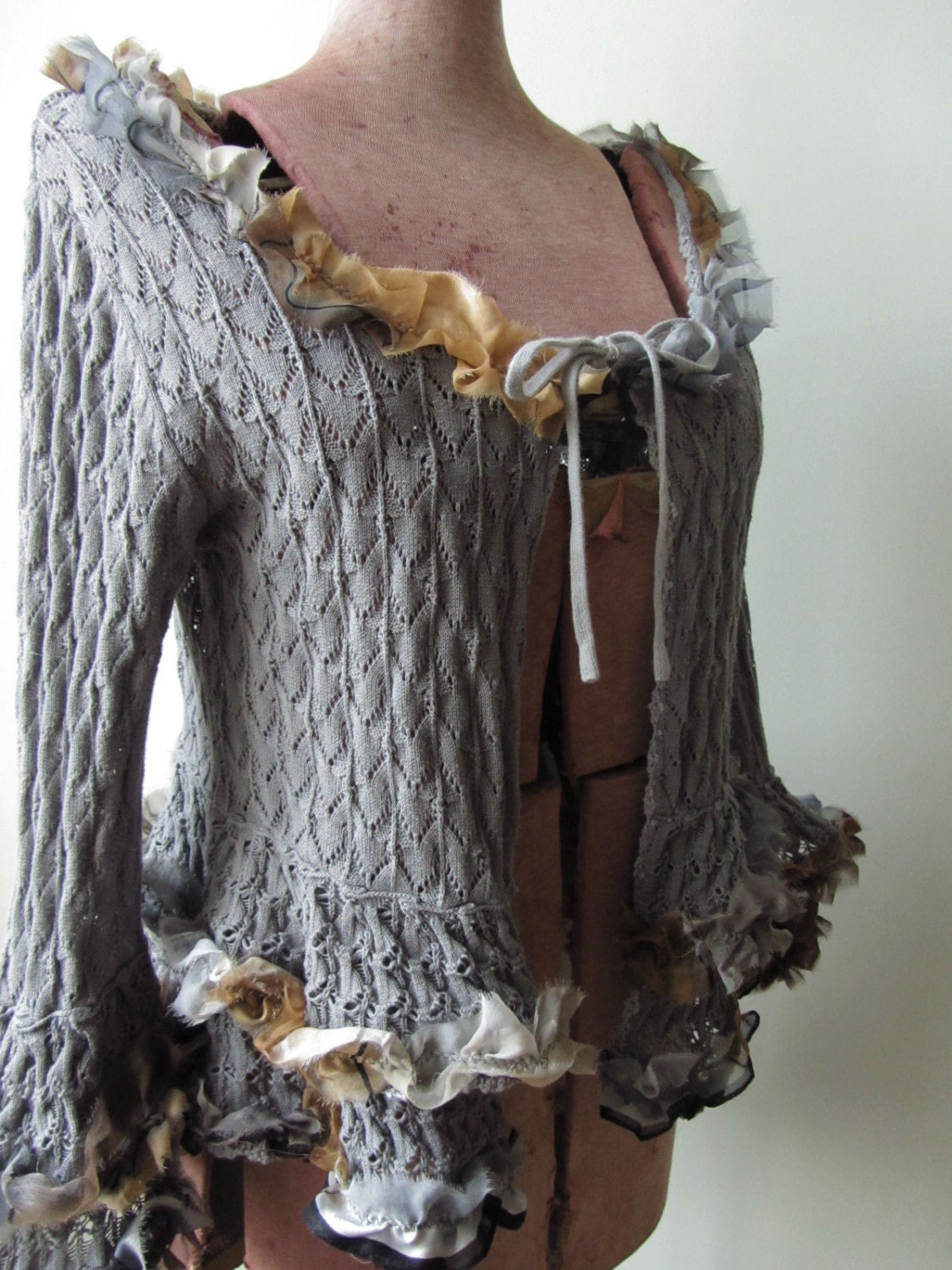 Upcycled Sweater / Gray Tattered Ruffle Cardigan Sweater
