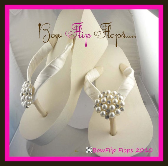 Ivory Wedge Bridal Flip Flops Rhinestone Satin Pearl Rhinestone Wedding Bride platform heel Wedding Ribbon,  brides, bridesmaids