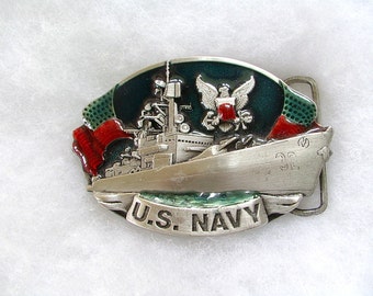 Belt Buckle. US NAVY. Bergamot. Enamel Buckle. mens Belt Buckle. Made in USA. signed. vintage 1980s.