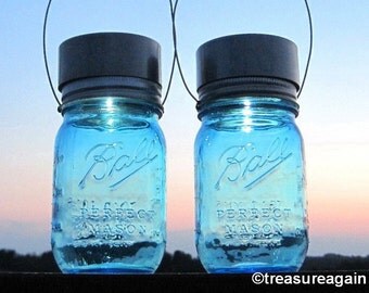 2 New Ball Solar Jars 100th Anniversary Mason Jar Solar Lights Heritage Collection Blue Pint Jars Hanging Outdoor Lanterns