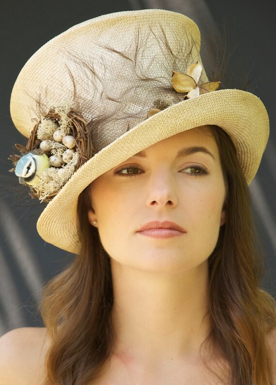 Bird's Nest Hat. Natural Vintage Ramie Sisal Straw Hat.