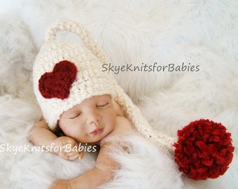 Crochet Baby Hat, Heart Hat, Baby Elf Hat, Crochet Valentine's Baby Hat, Baby Girl Hat, Baby Boy Hat, Baby Valentines Hat Newborn Photo Prop