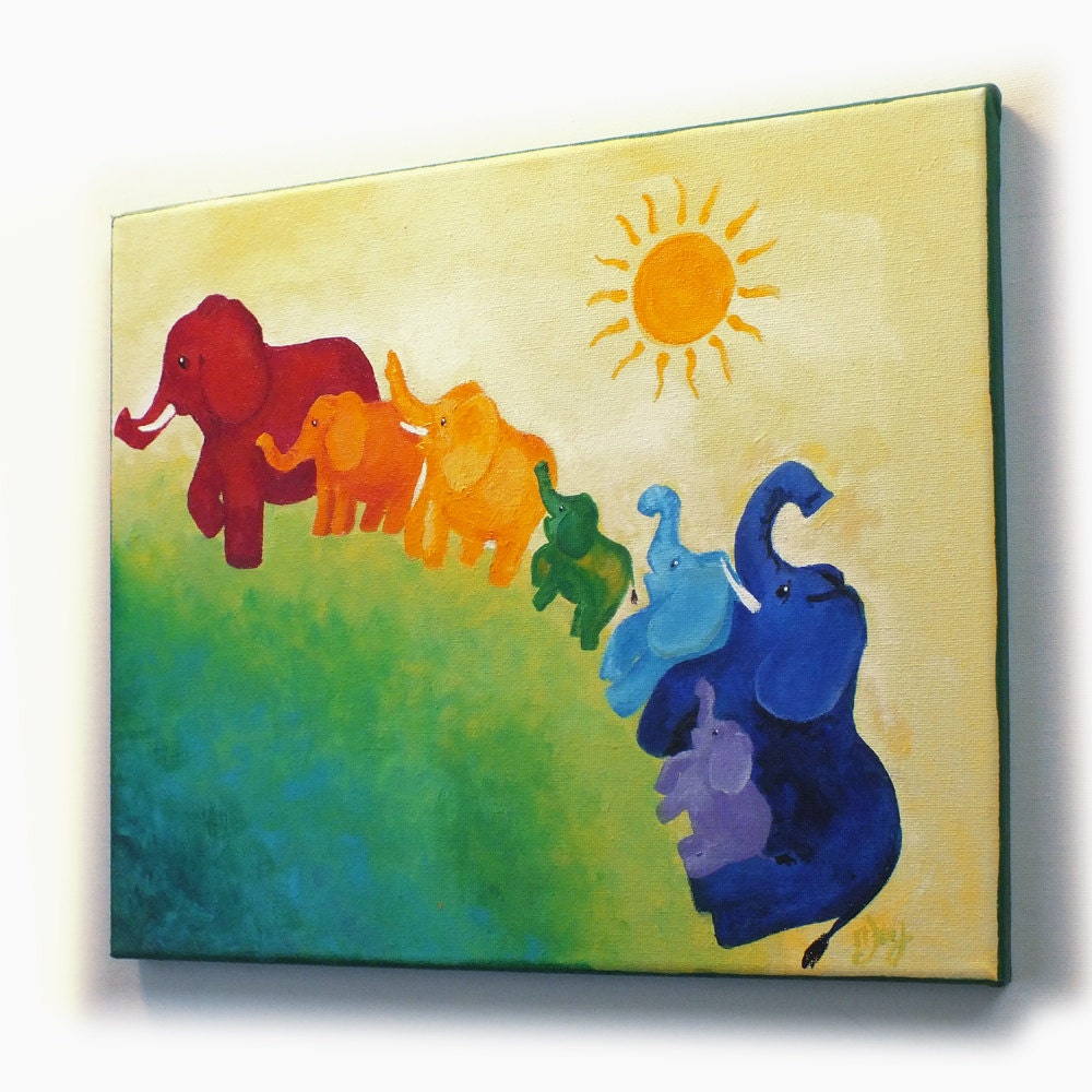 Elephant Rainbow Painting 11x14 Acrylic Canvas Wall art by nJoyArt