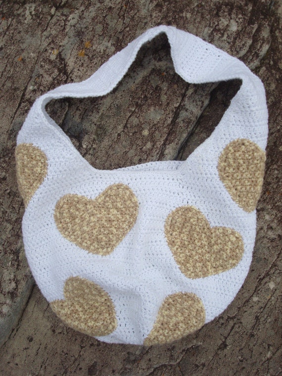 ... Cotton Crochet Bag Beach Bag Applique Hearts Handmade in Ireland