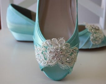 Lace Wedge Wedding Shoe - Choose From Over 200 Colors - Aqua Blue Wedding Shoes - Lace Wedding Wedge Bridal Shoe Wedding Wedge - Lace Shoe
