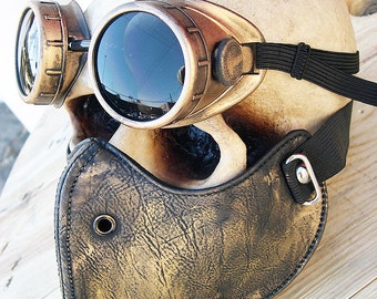 STEAMPUNK MASK - 2 pc. set of Gold - Brass Distressed Look Steampunk Dust Riding Mask with Steampunk Goggles - Burning Man Mask