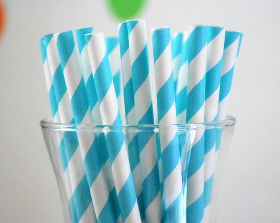 ON SALE 25 Paper Straws, Stripped Aqua Blue or Select color Paper Straws A760 Il_570xn