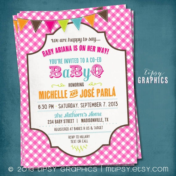 Picnic Baby Barbecue. Co-Ed Gingham BabyQ Baby Shower Party Invitation. Any text or Colors by Tipsy Graphics Il_570xn