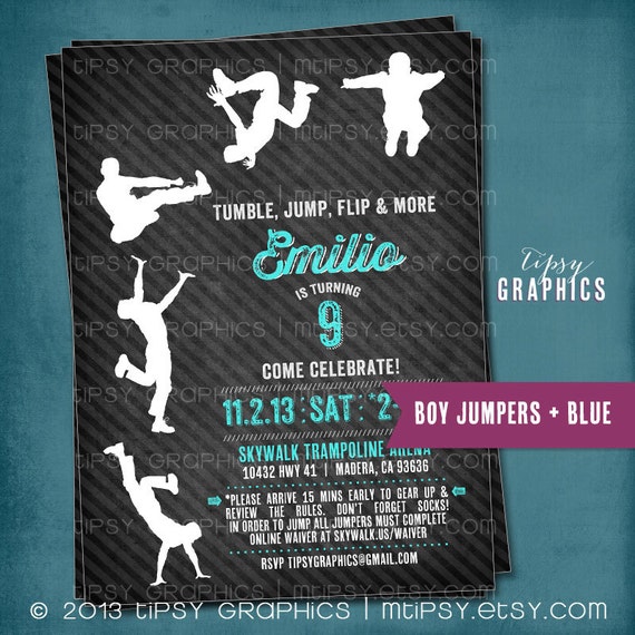 JUMP Tumble Flip. Chalkboard Trampoline Birthday Party Invite for Big Kids by Tipsy Graphics. Jumping Bouncing Parkour Il_570xn