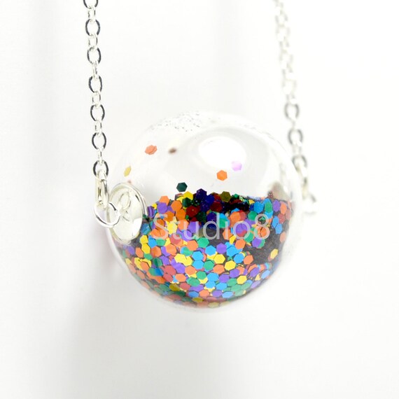 Items similar to Mix color glitter hand blown glass ball silver necklace on Etsy