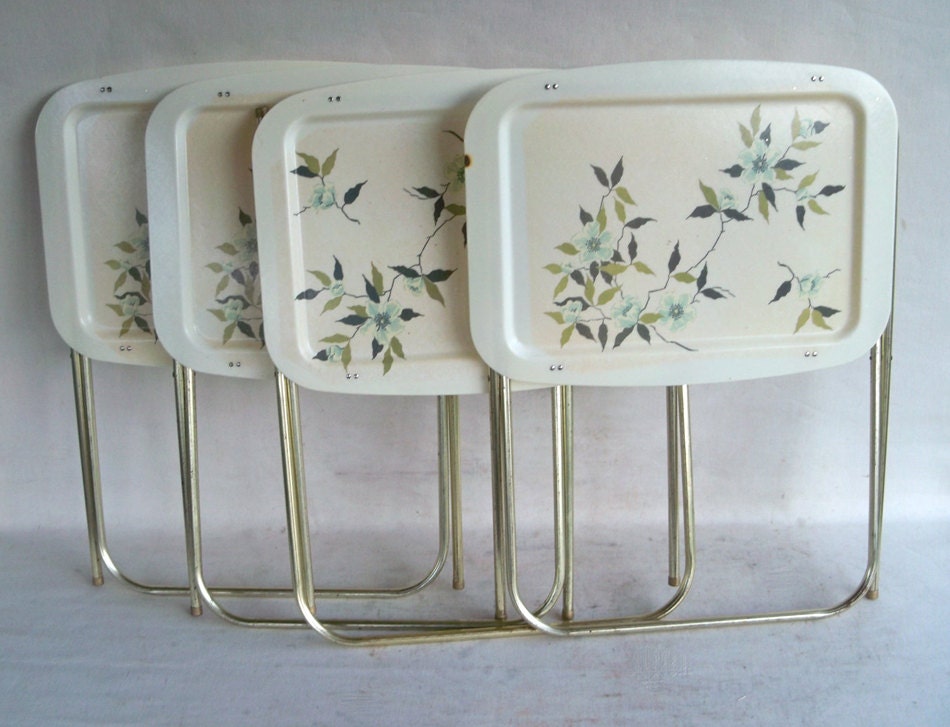 Four Mid Century Plastic TV Trays with Floral Print and