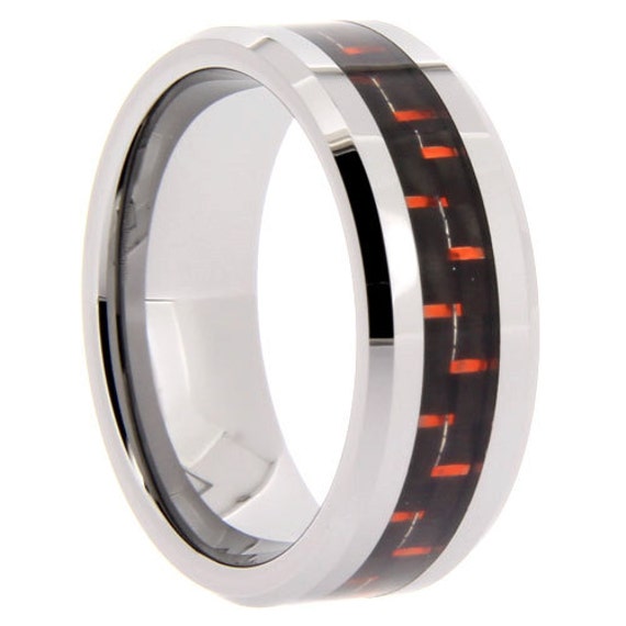 Tungsten Rings Red Carbon Fiber Inlay Wedding Bands 8mm Wide Comfort ...