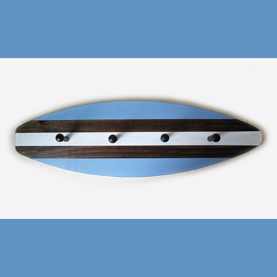 Wood Surfboard Coat Rack 28 with Shaker Pegs Blue Dark