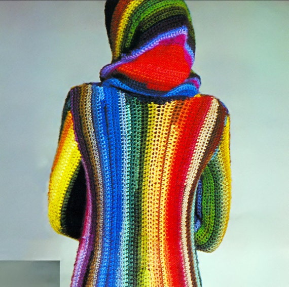 Vintage Rainbow Stripe Hooded Coat Boho Crochet by 2ndlookvintage
