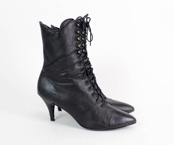 granny boots 9 lace up pointed toe black leather ankle boots