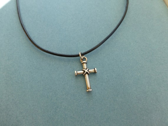 cross silver necklace, black leather, for him, for her, teen boy or ...