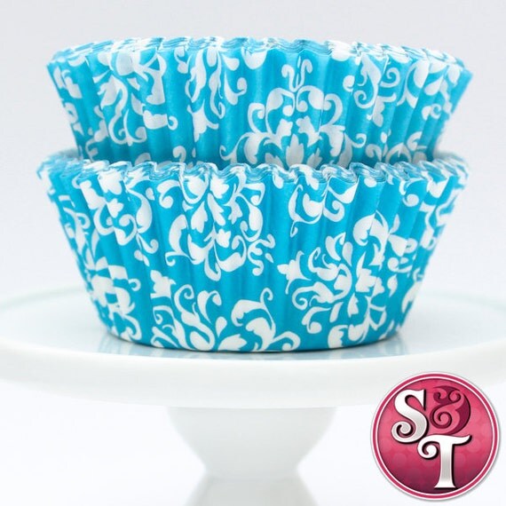 Damask Aqua Blue GREASEPROOF Baking Cups Cupcake Liners - Quantity 50 Il_570xn
