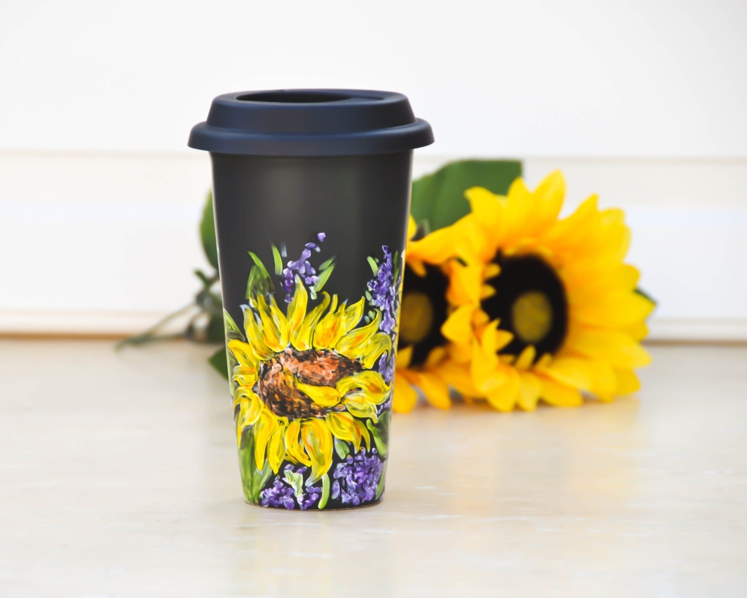Personalized Ceramic Travel Mug Sunflower Cup Yellow and