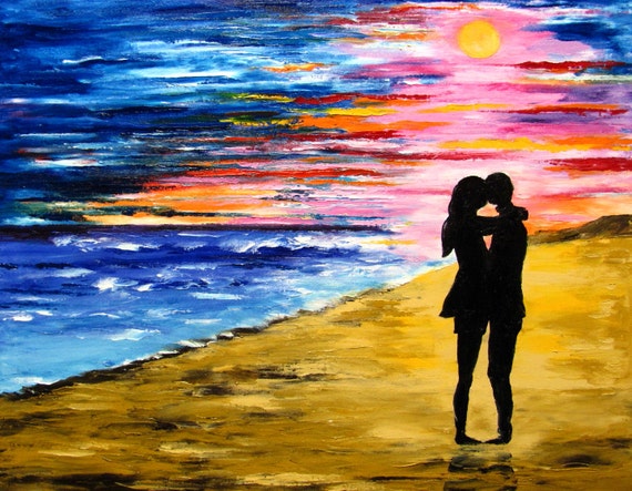 Couple At Beach Painting Original Art Ocean Seascape Sunrise