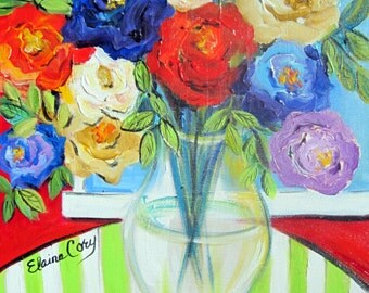 Abstract Still Life Original Painting Stripped Tablecloth 18 x 24 Art by Elaine Cory