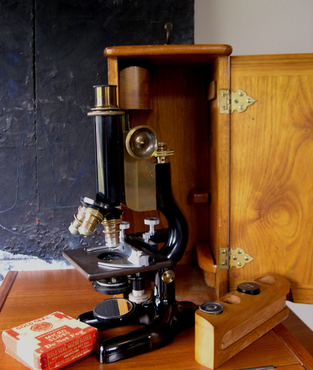 Bausch and Lomb Microscope with Wood Case patent 1908