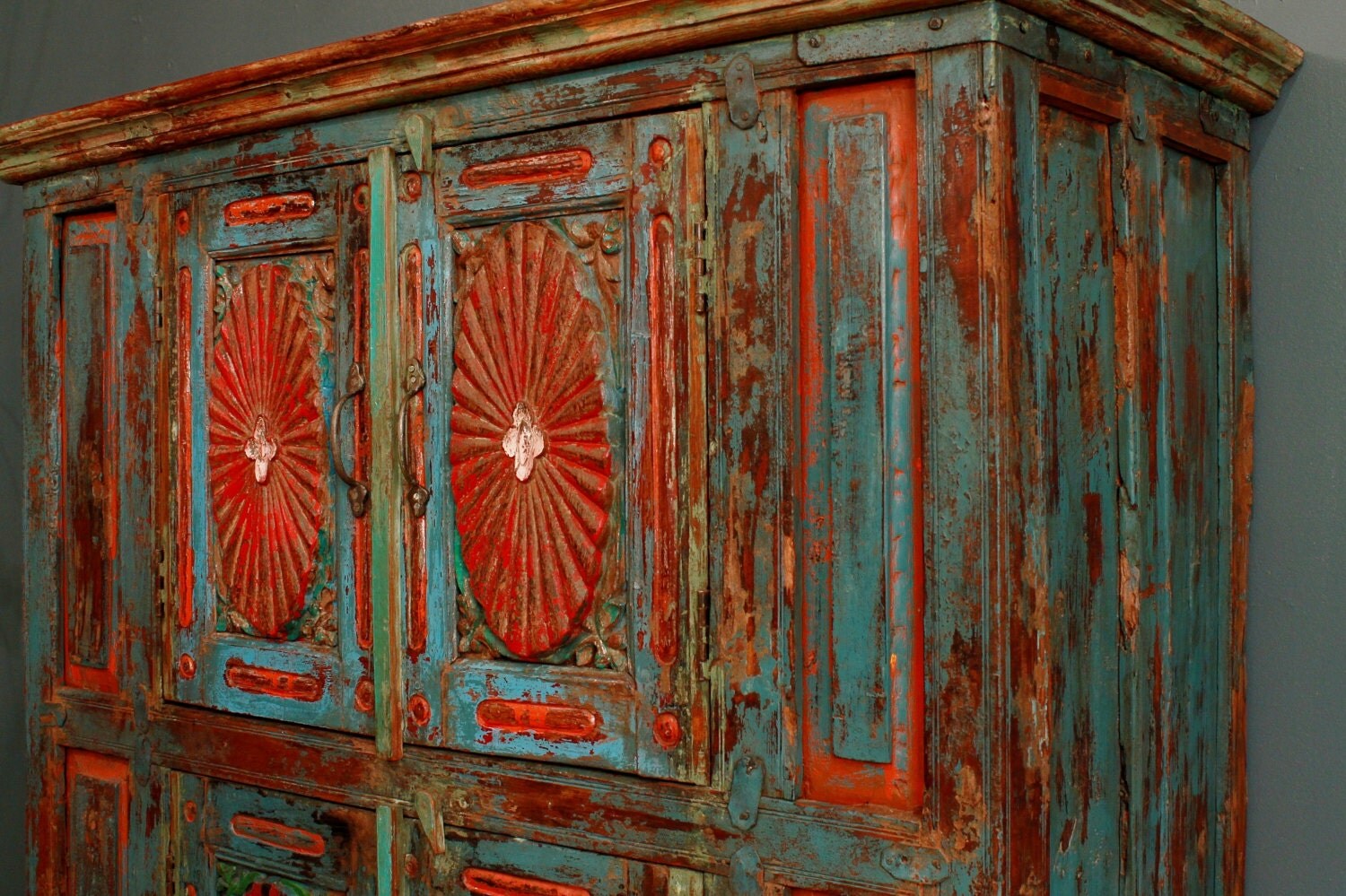 ANNIVERSARY SALE Antique Distressed Multi-Color Blue Red