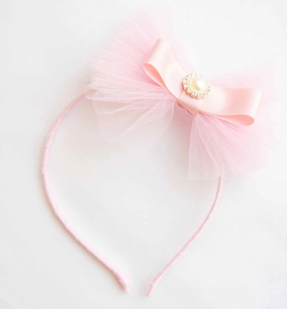 Items similar to Pink Tulle Bow Chic Couture Headband Posh with ...