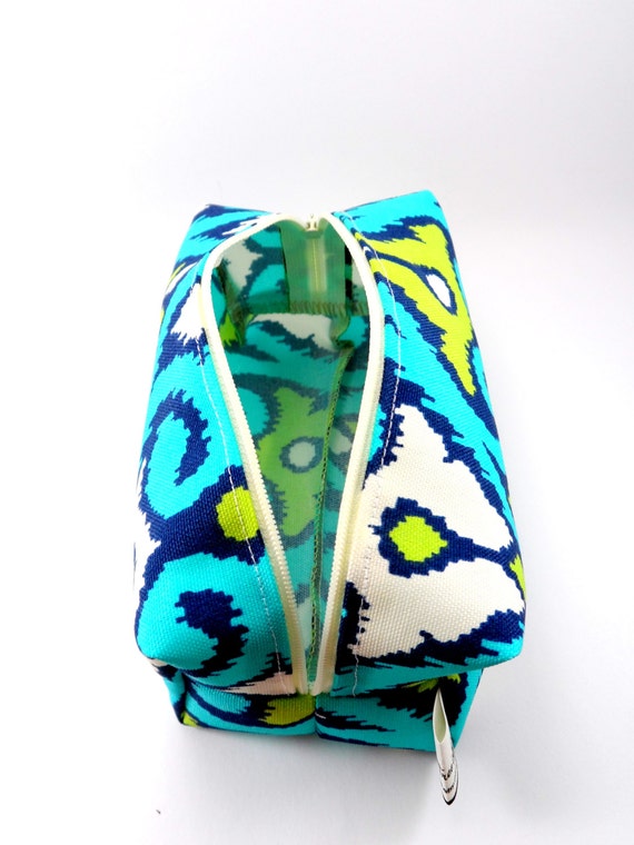 Aqua and Lime Green Ikat Makeup Bag Zipper by ellebeetree