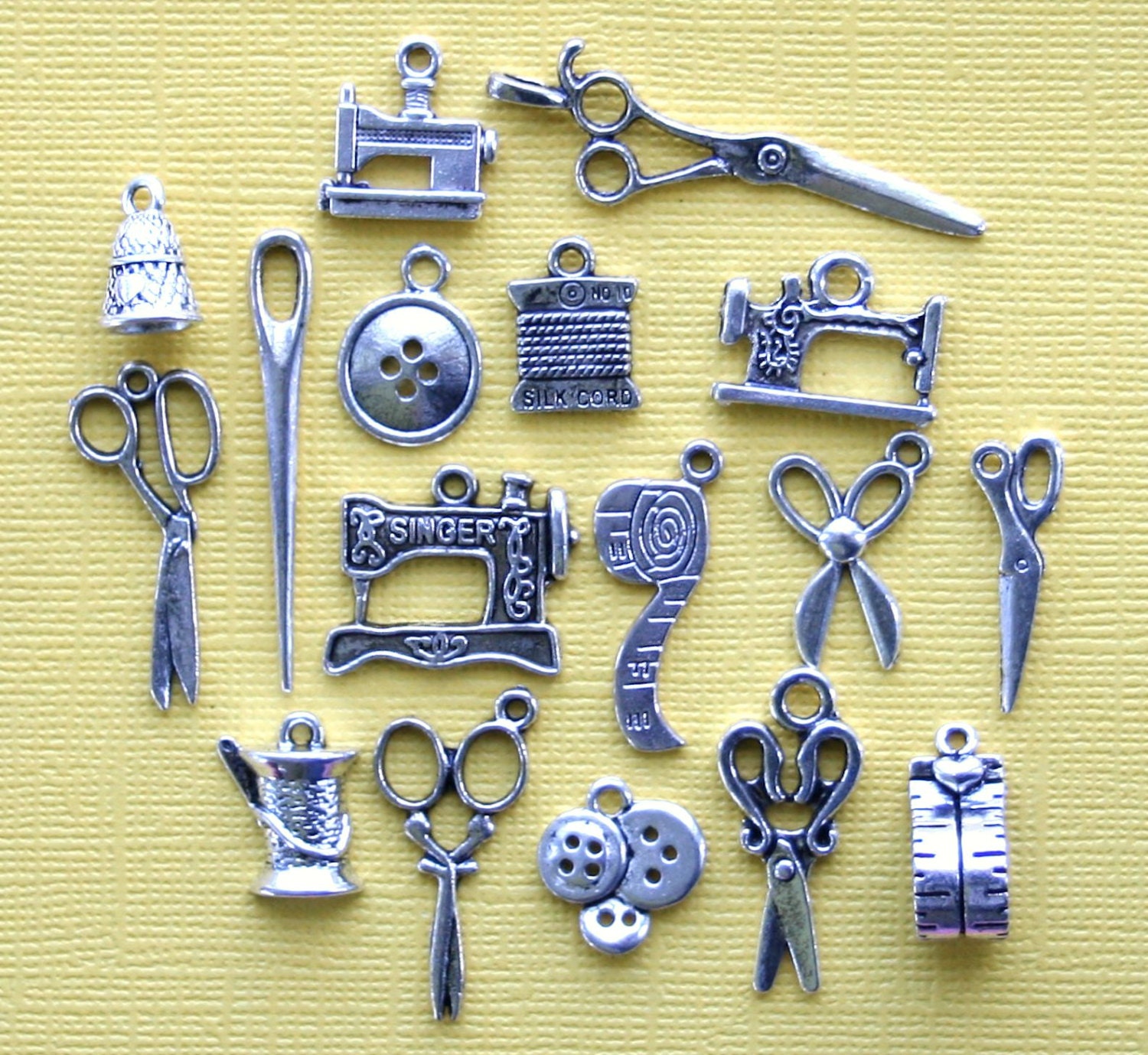 Deluxe Sewing Charm Collection Antique Silver Tone 17 Charms