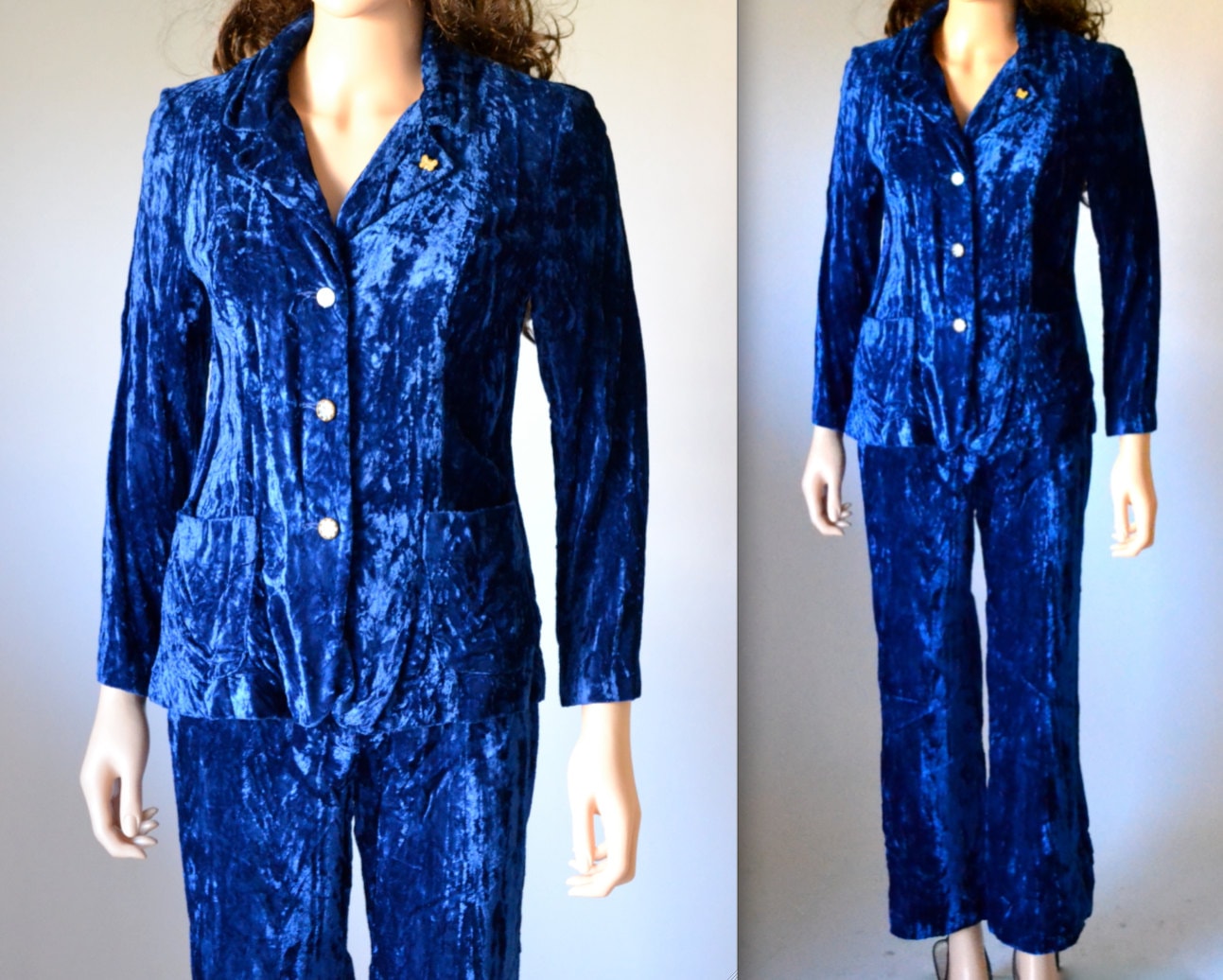 70s Vintage Velvet Suit in Blue Size Small // Vintage Velvet