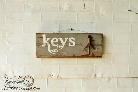 KEY Hooks - Wall Hooks - Handpainted Sign - Salvaged Wood
